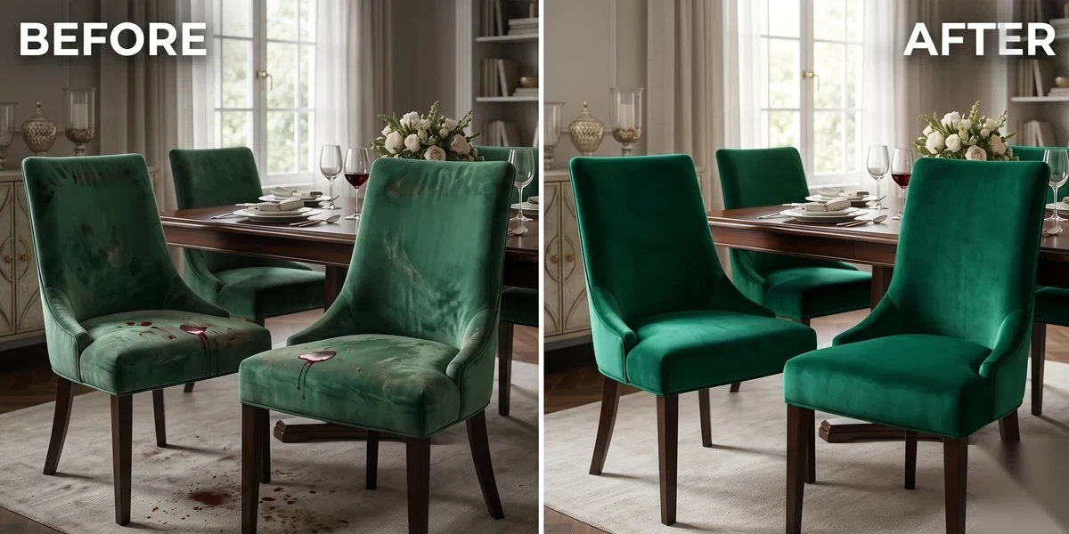 Velvet dining chairs before and after professional cleaning — Durham NC