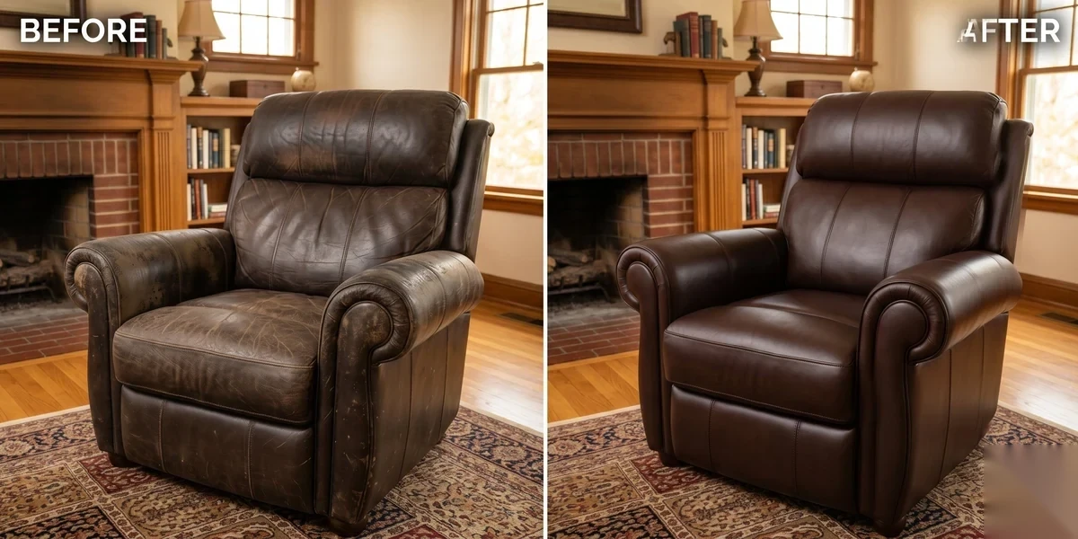 Leather recliner before and after professional restoration — Holly Springs NC
