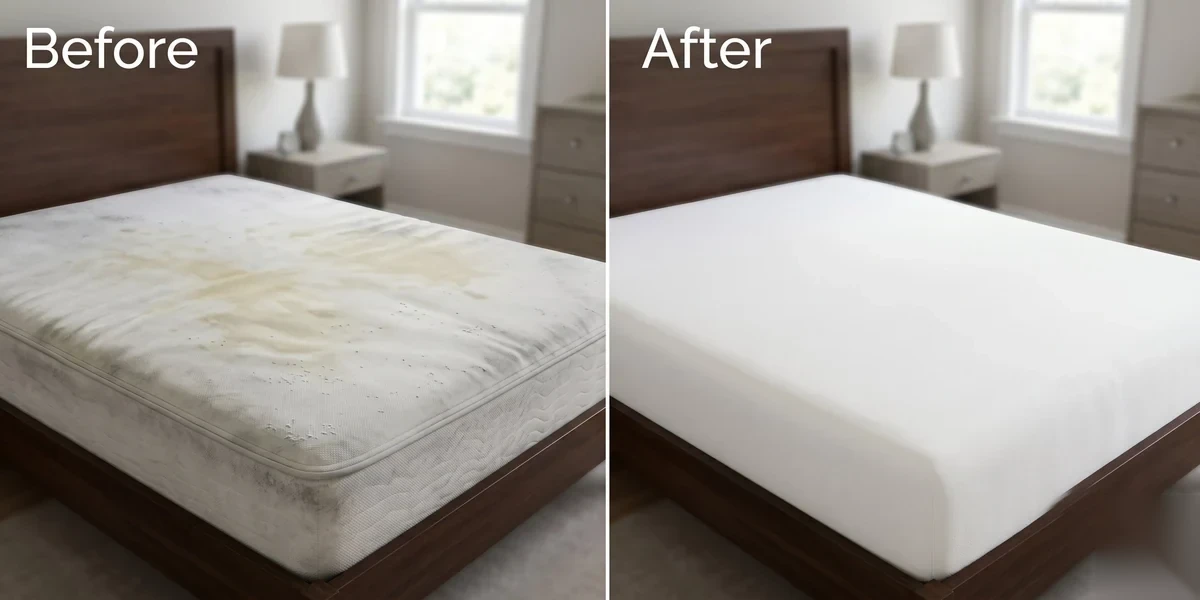 Queen mattress before and after steam sanitization — Apex NC