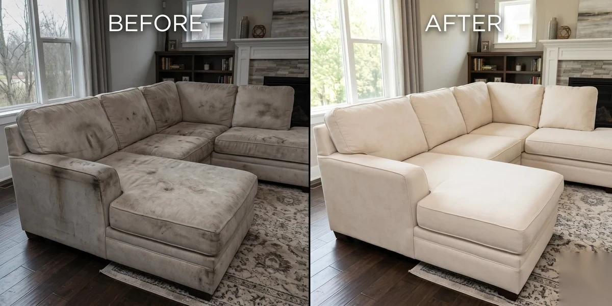 L-shape sectional sofa before and after professional cleaning — Cary NC